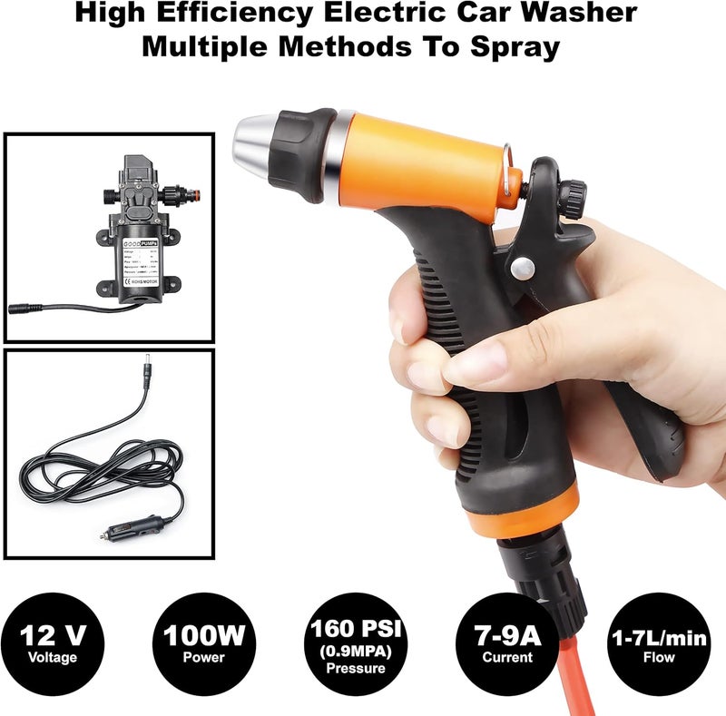 BANG4BUCK غسالة ضغط كهربائية ذكية محمولة 100 واط 160 PSI 12 فولت مجموعة غسيل قوية محمولة مع خرطوم PVC بطول 21.3 قدم للمنزل، السيارة، الحديقة، المشاريع (100 واط - خرطوم أسود) - Image 3